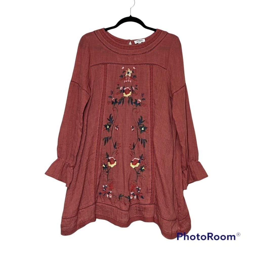 UmGee Long Sleeve A-Line Boho Mini Dress Floral Embroidery Ruffle Cuff Size L
